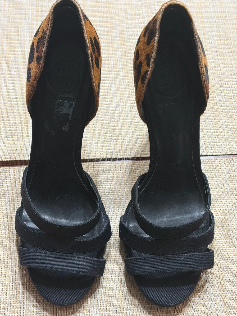 Tory Burch Black Sandals with Leopard Heel Accent